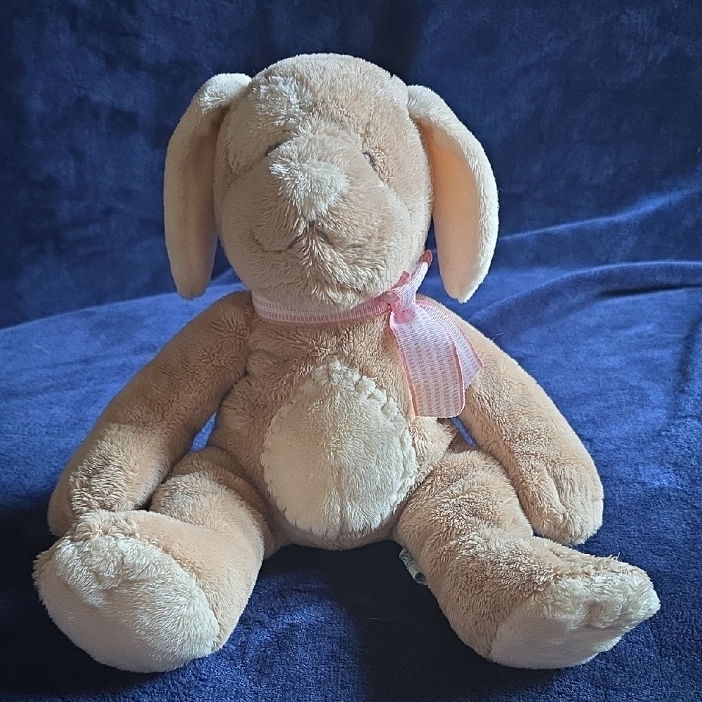 RUSS BERRIE "Mocha" Tan Plush Stuffed Dog Rattle with Pink Bow